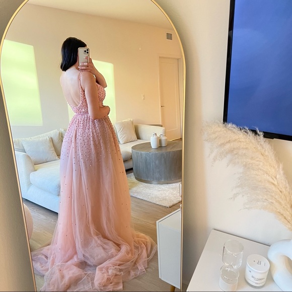 Pink Beaded Tulle Evening Gown w/ Overlay Skirt - Picture 6 of 12